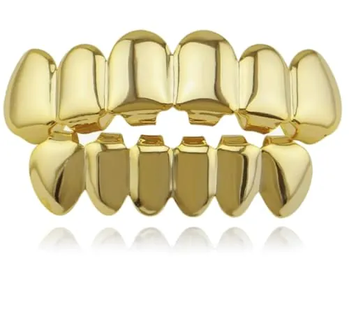 Vintree Dientes de Hip Hop Conjunto de Dientes Hiphop para Hombres Mujeres Joyería del Cuerpo Regalo de Fiesta de Cosplay de Halloween Dorado