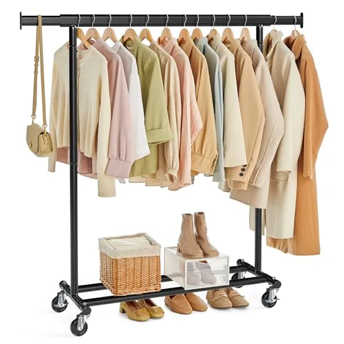 SONGMICS Burro Ropa con Ruedas, Perchero Burro Extensible con Carga Pesada, Capacidad de Carga Máx. de 100 kg, 45 x (92-132) x 161,5 cm, Fácil de Montar, Portátil, Negro HSR13BKV1