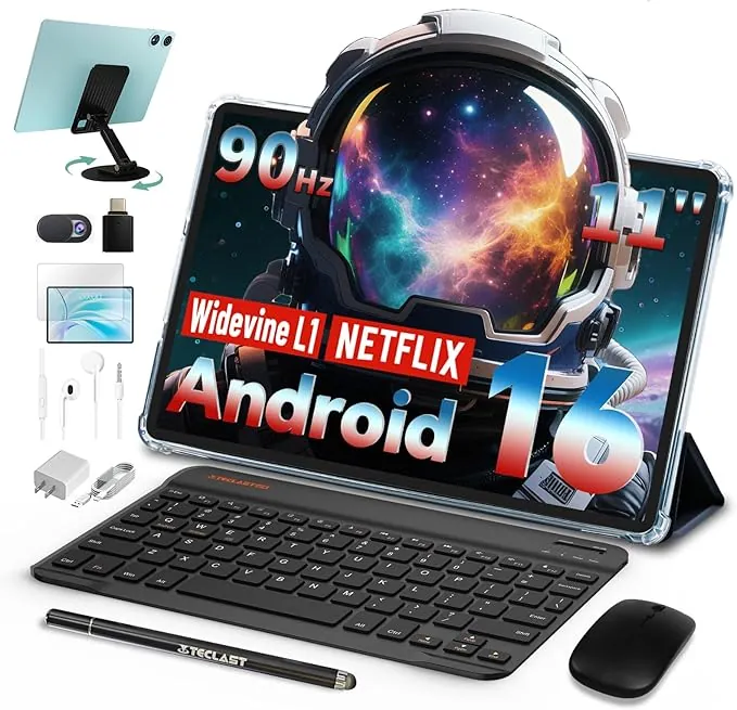 TECLAST Tablet 11 Pulgadas, Android 16, Pantalla 90Hz, Octa-Core,12GB RAM + 128GB ROM, Widevine L1, Gemini AI, 7000mAh, Facial ID, Tablet con Teclado, Lápiz, Funda y Auriculares (10 Accesorios)