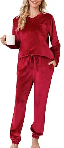 Lovasy Pijamas Mujer Invierno Polar Pijama de Franela Mujer Manga Larga Conjunto 2 Piezas,Rojo Vino,XL