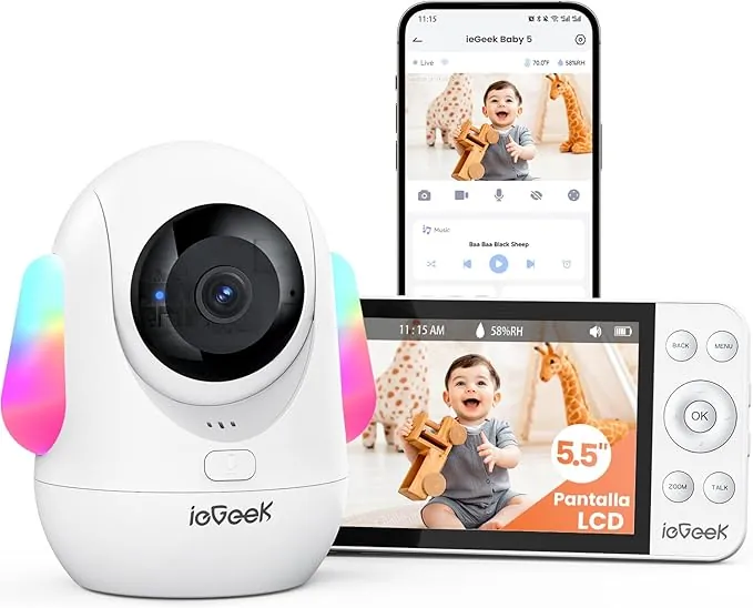 ieGeek 5.5" 2.5K/4MP Camara Vigilancia Bebe WiFi, Alerta de Cara Tapada y Dormir Boca Abajo, Colorida Luz Nocturna, 360° Seguimiento Movimiento Vigilabebes con Camara, VOX, Compatible Echo