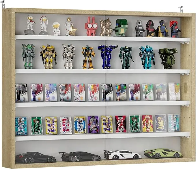 HOMCOM Vitrina Expositora para Colecciones de 5 Niveles, Vitrina de Pared, con Estantes Ajustables y 2 Puertas Correderas de Vidrio, para Perfumes, Figuras de Decoración, 80x9,5x60 cm, Blanco y Roble