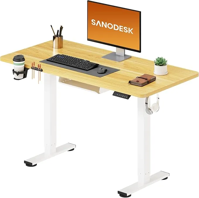 SANODESK Escritorio Elevable Eléctrico 110x54cm con Tablero Completo, Mesa Ajustable en Altura con Sistema Anticolisión, Función de Memoria de 4 Alturas con Gancho y Caja de Almacenamiento, Arce