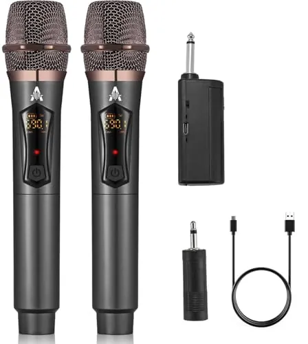 ALPOWL Microfono Inalambrico, Microfono Karaoke con Modulo de Conversión de Impulso DC - DC, para Uso de Voltaje Estable, Micrófono Dinámico con Receptor de Carga de Amplificador de Voz