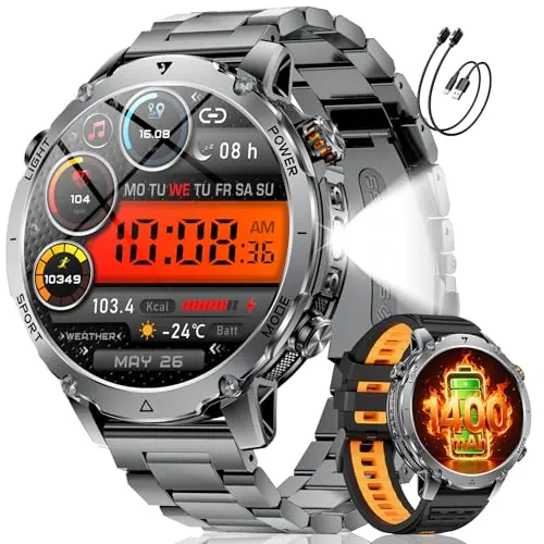 SUNKTA Reloj Inteligente para Hombre 1400 mAh Grado Batería 1,7" HD Llamadas Bluetooth Militar Smartwatch 100+ Modos Deportivo y de Fitness con iOS y Android,Monitor de Salud,sueño,podómetro,Gris