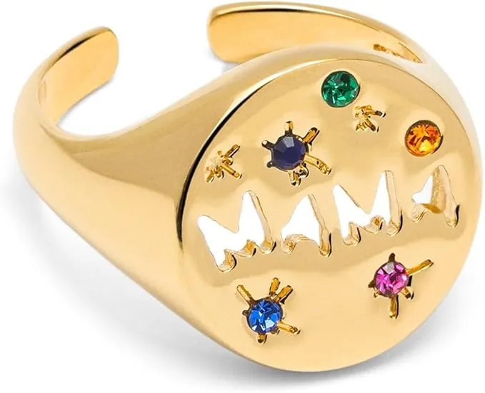 SINGULARU - Anillo Mamá. Latón con Baño en Oro de 18 Kt y Circonita. Joyas Para Mujer.