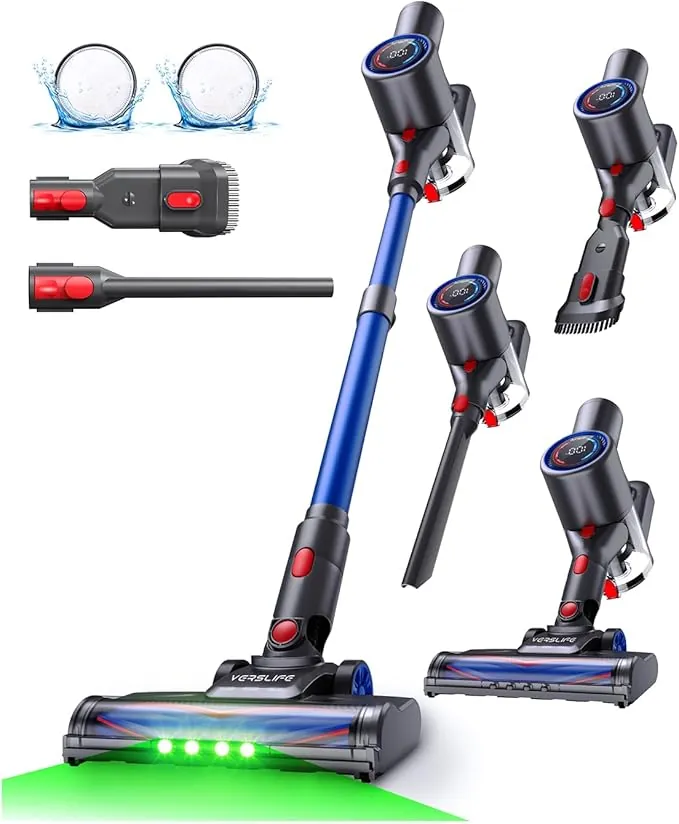 VersLife Aspiradora sin Cable 40KPA/500W,Z8 Escoba Inalámbrica Potente con Pantalla LED,Luz Verde,Diseño Autoportante,45 Min de Autonomía,para Pelo de Mascotas,Suelo y Alfombra