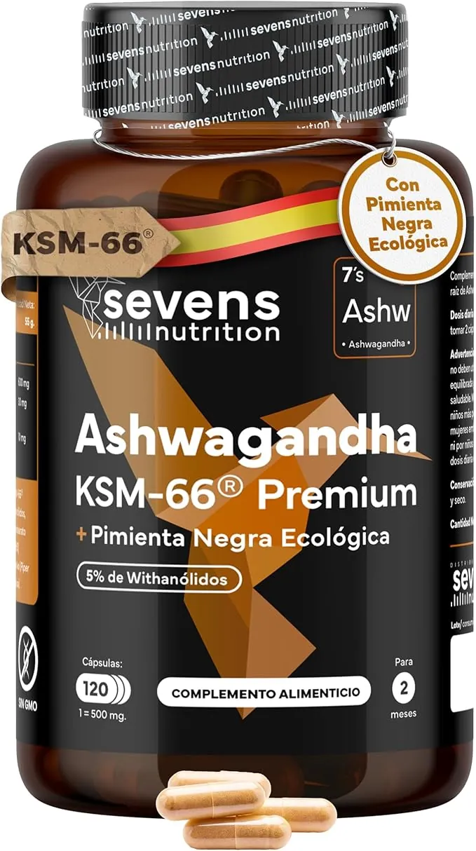 Ashwagandha KSM-66® Pura - 600mg de Ashwagandha Concentrada KSM66 - Alta Biodisponibilidad - Con Pimienta Negra - 5% Withanólidos - Ayuda a Regular el Cortisol y Mejora el Sueño - 120 Cápsulas Veganas