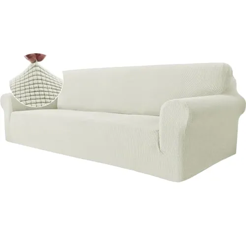 Ystyle Funda Sofa 4 Plazas, Ajustables Fundas Sofa Elasticas, Protector Sofa Gatos Arañazo y Perros Mascotas, Funda de Sofá con Reposabrazos Antideslizante Antimanchas Lavable, Blanco Natural