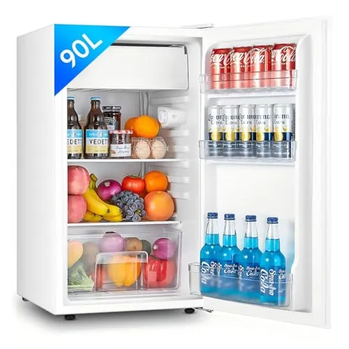 FOHERE Frigorífico con Congelador 90L, Nevera Pequeña Compacta, 7 Temperatura Regulable, 84kWh/año, Eficiencia Energética E, Silencioso, Ideal para Dormitorio, Oficina, Cocina, Caravana y Camping