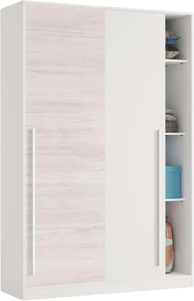 Habitdesign Armario 2 Puertas Correderas, 200x120x50 (AltoxAnchoxFondo - en cm), Color Blanco Artik y Blanco Velho, Modelo Elliot