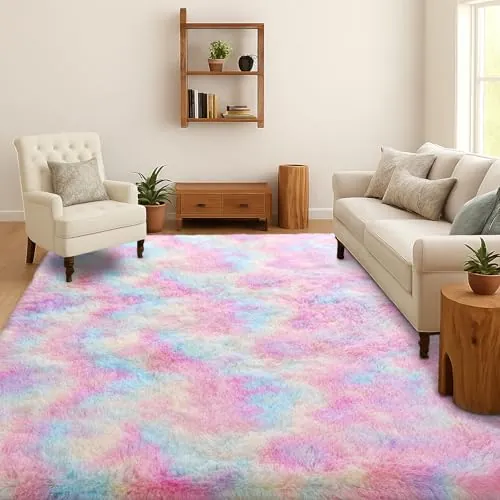 SOANNY Alfombra Salón Pelo Largo Shaggy Lavable 140x200 cm, Arcoíris Pastel