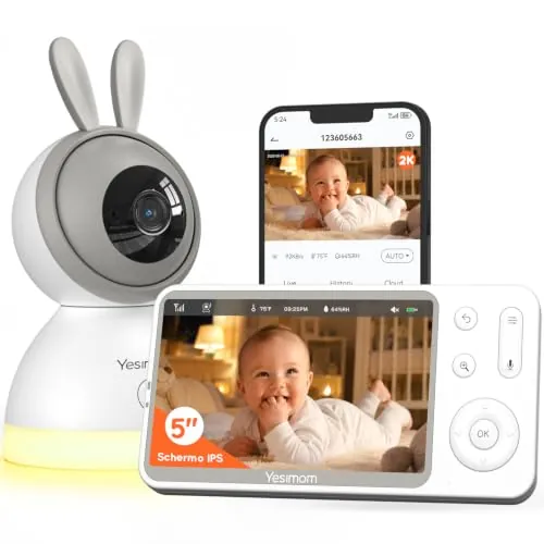 YESIMOM 5” 2K/3MP Camara Vigilancia Bebe con App Movil, 360° PTZ Vigilabebes Control de Monitor y Movil, Detección de Movimiento, Detección Inteligente de llanto, Visión Nocturna, 4XZoom, VOX