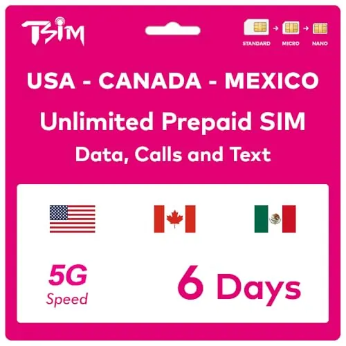 Tarjeta SIM prepago TSIM para 6 días Viaje | Datos de Internet 4G/5G ilimitados en EE UU+100 MB de Datos en Canadá y México, Llamadas ilimitadas a EE UU,Canadá y México Mensajes de Texto ilimitados