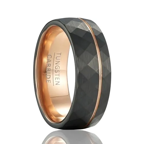 SOXEMAN Anillo de tungsteno para hombres, oro rosa negra, anillo de bodas, 8 mm de ancho, borde pulido, diseño de patrón de cuatro lados