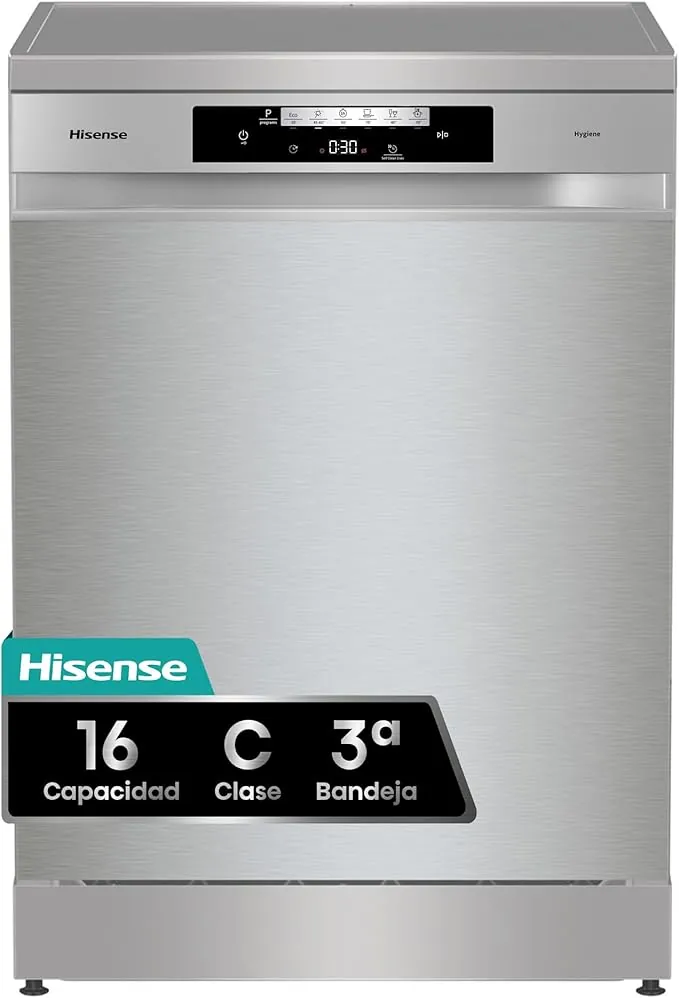 Hisense HS643C90X - Lavavajillas de Libre Instalación, Class C, Capacidad 16 Servicios, Alto 84.5cm x Ancho 59.9cm, Inox, Secado Automático, Programas Automáticos, Tercera Bandeja, 15' Lavado Rápido