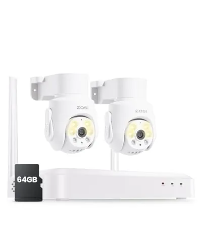 ZOSI 5MP Kit Cámaras de Vigilancia Exterior WiFi6, 8CH 3K Grabador NVR Inalámbrico con 64GB Tarjeta de Memoria y 2X Cámara Seguridad 360° Pan y Tilt, Detección y Seguimiento de Persona, Audio