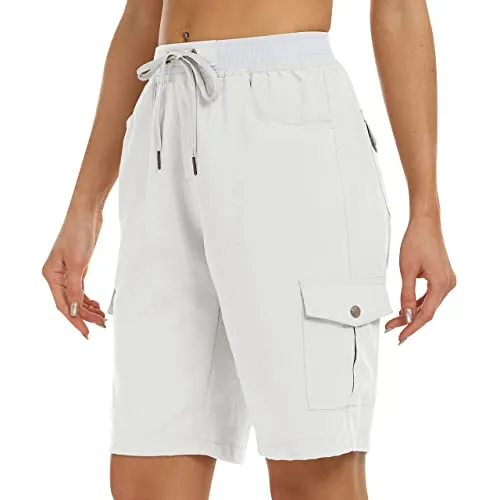 JINSHI Pantalones Cortos Cargo Mujer Shorts Ligero Verano Pantalón de Cintura Alta Deportivo para Senderismo Trekking con Múltiples Bolsillos Blanco Beige EU S