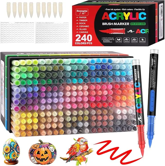Funnasting 240 Colores Rotuladores Acrilicos, Punta de Pincel marcadores acrílicos para Colorear, Vidrio, Tela, Huevo, Pintura sobre Piedras y Materiales Artísticos para Manualidades y DIY