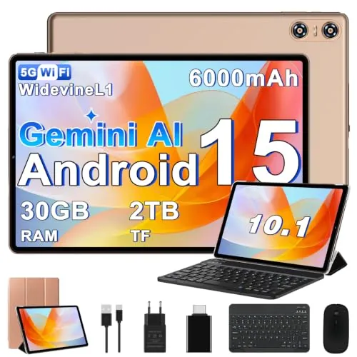BIEGEDY 2026 Tablet 10 Pulgadas Android 15, Gemini AI, Octa-Core, 5G WiFi 6, 30GB RAM (2TB TF), Widevine L1, GMS, GPS, BT 5.0, 6000mAh, 5+8MP, 3.5mm Audio, FHD Tablet con Teclado+ Ratón + Funda, Oro