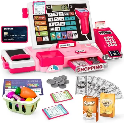 maysida Caja registradora para niños, Juguete, para niños pequeños, con calculadora Real, Caja registradora con escáner/Tarjeta de crédito/Dinero de Juguete/Alimentos, Rosa