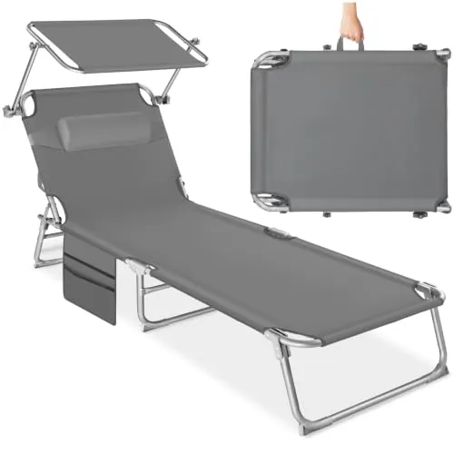 tectake® Tumbona Jardín Exterior de Acero, Tumbona Plegable con Reposacabezas, Parasol y Bolsillo Lateral, Tumbona Playa Reclinable 6 Posiciones, para Piscina Resistente a Intemperie - Gris