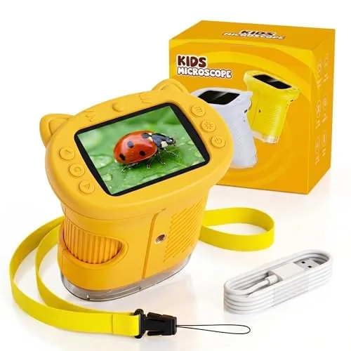 OAEBLLE Microscopio para Niños, Microscopio Digital Infantil 4K Pantalla IPS 2.4" Zoom 1000X, Lupa Portátil 8 LED y Cámara Vídeo, Juguetes Stem Regalo Cumpleaños Niño y Niña 3-12 Años - Mandarina