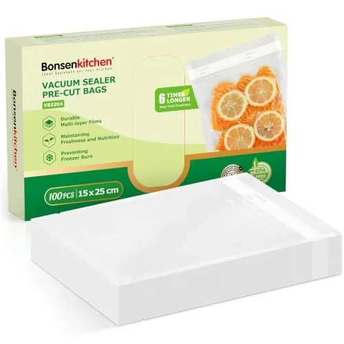 Bonsenkitchen Bolsas de vacío 15x25 cm 100 Bolsas Para Máquina de Vacío | Bolsas de vacío gofradas para almacenar y cocinar alimentos y hervibles, VB3204