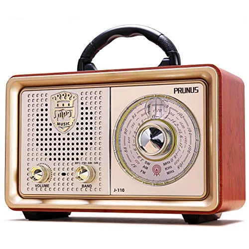 PRUNUS J-110 FM/Am/SW Radio Portatil Pequeña Bluetooth, Radio Vintage con clásico gabinete de Madera. Radio Retro con Excelente Recepción, Altavoz de 5W Incorporado, Reproductor USB/TF/AUX (Oro)