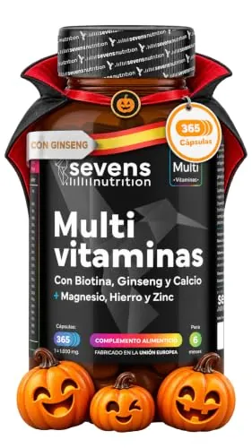 Vitaminas para el Cansancio con Magnesio y Ginseng - 365 Cápsulas | Multivitaminas para Hombre y Mujer - 6 Meses de Suministro - Complejo Multivitamínico Completo con Minerales y Ginseng Sevens