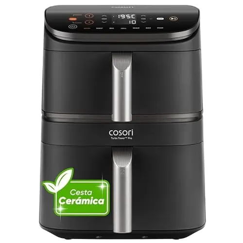 Cosori Air Fryer Turbo Tower Pro 10,8 Litros, Freidora de Aire con Revestimiento Cerámico sin PFAS, Doble Resistencia con Turbo Blaze, Airfryer de Doble Cesta Vertical, Multifunción 7 en 1, 2630W
