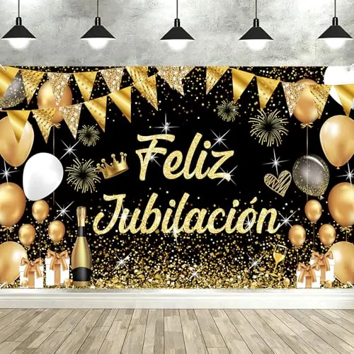 Feliz Jubilación Decoracion, Seutgjie Pancarta Jubilación para Mujer Hombre para Fiesta Jubilada Oro Negro 180 x 110 cm