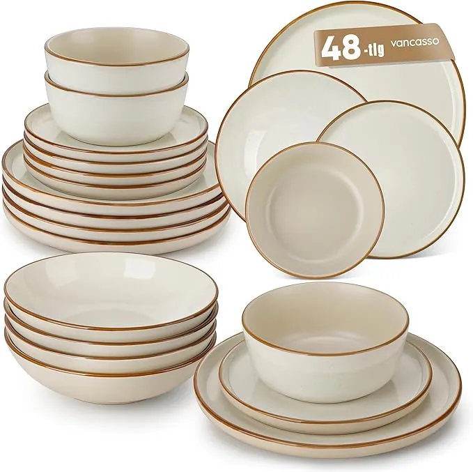 Vajilla de 12 piezas, vancasso Reno 48 piezas de gres, juego de platos modernos, servicio de mesa con plato para comidas, plato para sopa, plato de postre, cuencos, vajilla apta para lavavajillas y