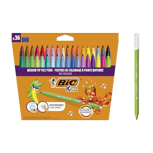BIC Kids Kid Couleur, Rotuladores Lavables para Niños, Punta Media, Colores Surtidos. Ideales para Actividades Creativas. Estuche de 36 Rotuladores.