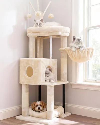 Heybly Árbol para Gatos de 115 cm, Torre para Gatos con Plataforma Grande, Cesta Colgante y Cueva, Postes Rascadores de Sisal, Pelotas Colgantes y Cojines Desmontables, Beige HCT202SM