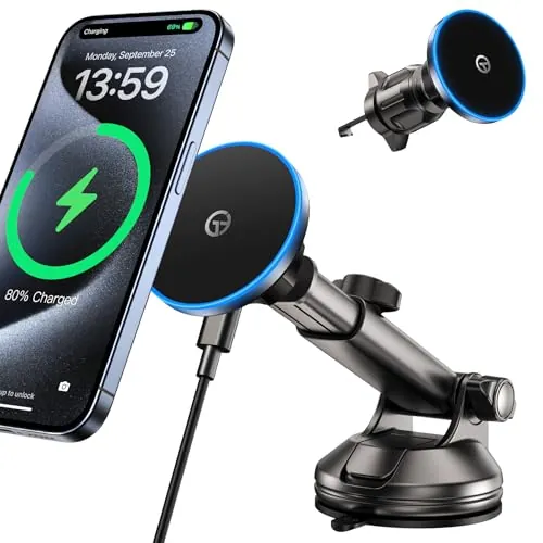 GuMosh Soporte Coche mag-Safe con 【LED Light】para la Alineación de la Noche Cargador Inalambrico i-Phone Coche para Salpicadero Ventilacion Parabrisas para i-Phone 17 16 15 14 13 12 Series