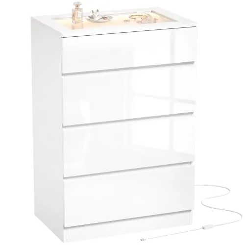 HOMCOM Cómoda con Joyero Luces LED RGB 4 Cajones 60x40x90 cm Blanco Brillo | Cajonera Dormitorio, Encimera de Vidrio Templado, Control por App, Sinfonier para Salón, Vestidor