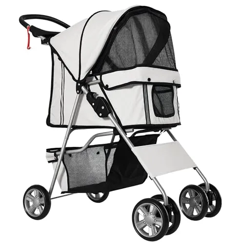 PawHut Cochecito Plegable Mascotas Carrito para Perros Gatos con Cuatro Ruedas Cesta de Almacenaje Ventanas y Portavasos Tela Oxford Marco de Acero 75x45x97 cm Gris