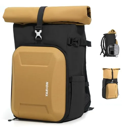 TARION Rolltop Mochila Cámara con Hardshell - Gran Bolsa Fotográfica con Funda Portátil 16 Pulgadas y Acceso Lateral Rápido - Mochila Fotografía DSLR con Cubierta Impermeable Soporte Trípode Dorado XH