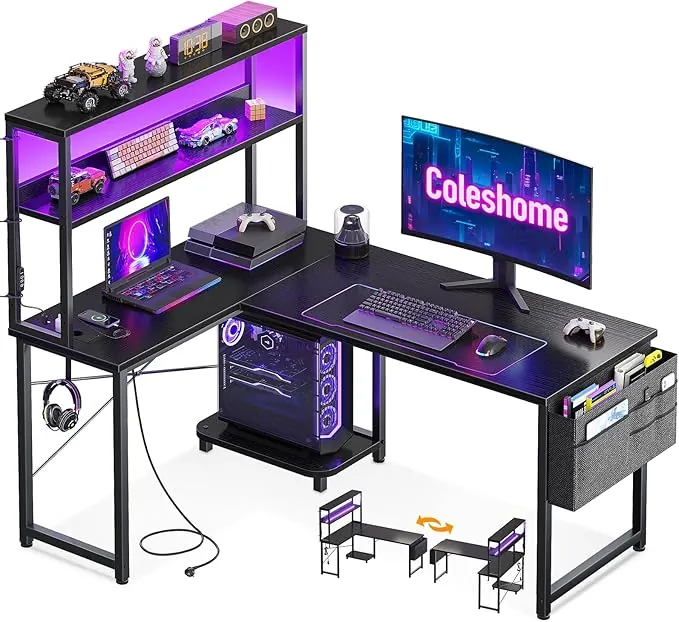 Coleshome Escritorio Gaming en L con LED y Enchufes, 110 × 80 cm Escritorio Gamer Reversible con Estantes, Escritorio Esquinero con Bolsa de Almacenamiento y Gancho para Jugadores, Negro