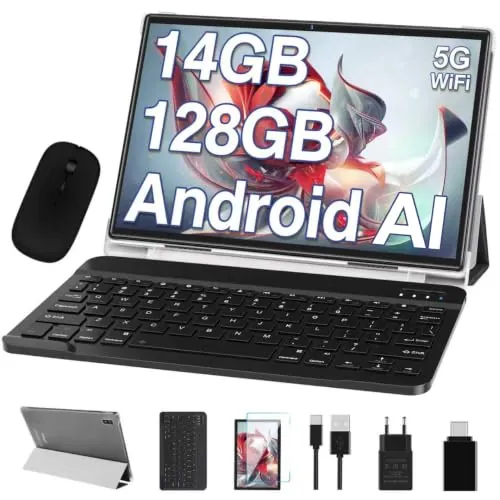 Tablet 10 Pulgadas Tablets Android, 14GB RAM+128GB ROM/TF 1TB, Octa-Core 2.0Ghz, 5G WiFi, BT 5.0, 3.5mm Audio, Batería 8000mAh, Cámara 5+8 MP, Widevine L1, Tablet con Funda, Ratón & Teclado - Gris