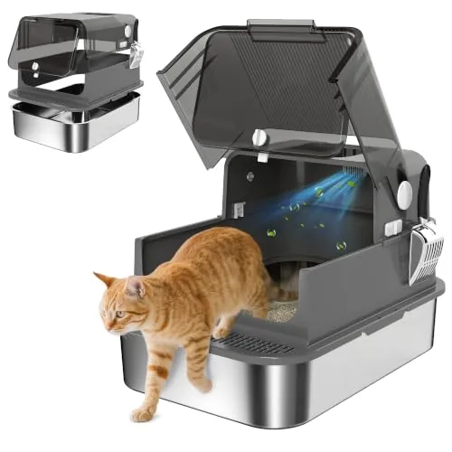 PawHut Arenero para Gatos de Acero Inoxidable XXL Tapa Abatible Negro