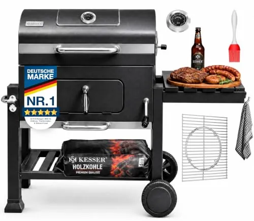 KESSER® Parilla de Carbón con Carrito Grill con Tapa, Ruedas, Mango de Acero Inoxidable | Barbacoa y Termómetro Carbón Grande BBQ Asador Camping, Terraza, Jardín XL Negro