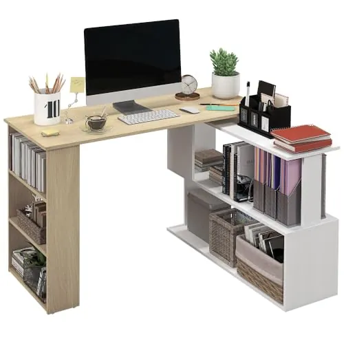 HOMCOM Escritorio Esquinero Giratorio en L 120x110 cm Natural y Blanco
