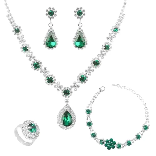 LjFrexia Set de Joyería Nupcial para Mujer, Set de Joyería de Estrás de 4 Piezas, Piedra de Cristal Colgante Gota de Agua, Collar Pendientes Pulsera Anillo, para Bodas y Moda Nocturna, Verde