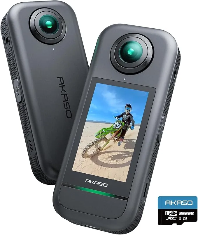 AKASO 360 Cámara de acción 360 con 256GB microSDXC U3 Tarjeta de Memoria, Sensor de 1/2", 5.7K 360, Fotos 72MP, Pantalla táctil de 2.29", Cámara Deportiva 360, Estabilización, para Deportes