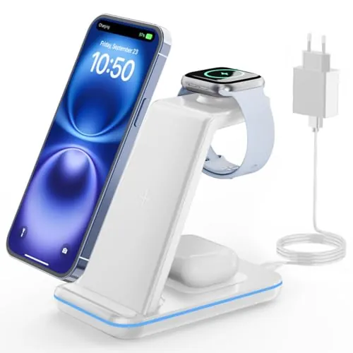 GEEKERA Estacion de Carga para Apple, Cargador Inalambrico 3 en 1 para iPhone Air/17/16/15/14/13/12/11/X/8, Base Cargador para Apple Watch Ultra/11-2/SE, Carregador sem fios para AirPods Pro-2, Blanco