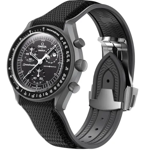 REBANDACE Correa para reloj Omega x Swatch MoonSwatch de 20 mm, correa de hebilla plegable compatible con Moonswatch Speedmaster, correa de repuesto curvada sin huecos para hombres y mujeres (negro)