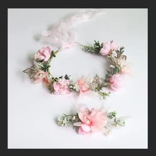 Diadema de Flores Comunion, Flower Headband Butterfly Ajustable Diadema de Flor y Pulsera para Sombrero Ornamento Fiesta Festival Playa Travle Nupcial Boda Accesorios Ninos (Mariposa)