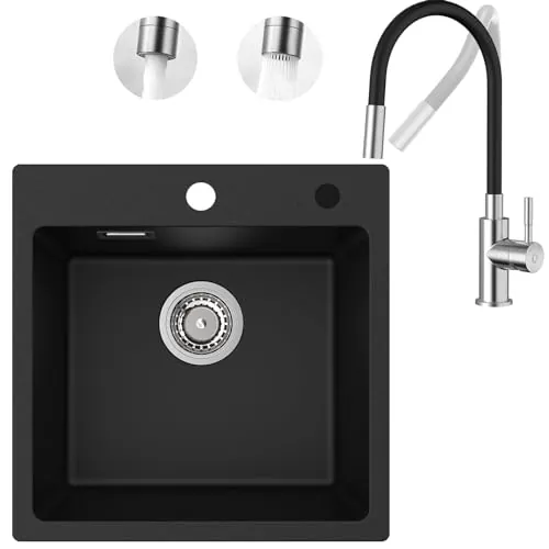 Fregadero de Granito Negro 45 x 45 cm Con Grifo Flexible de Cocina - 2 Tipos de Chorros de Agua - Empotrable Rectangular